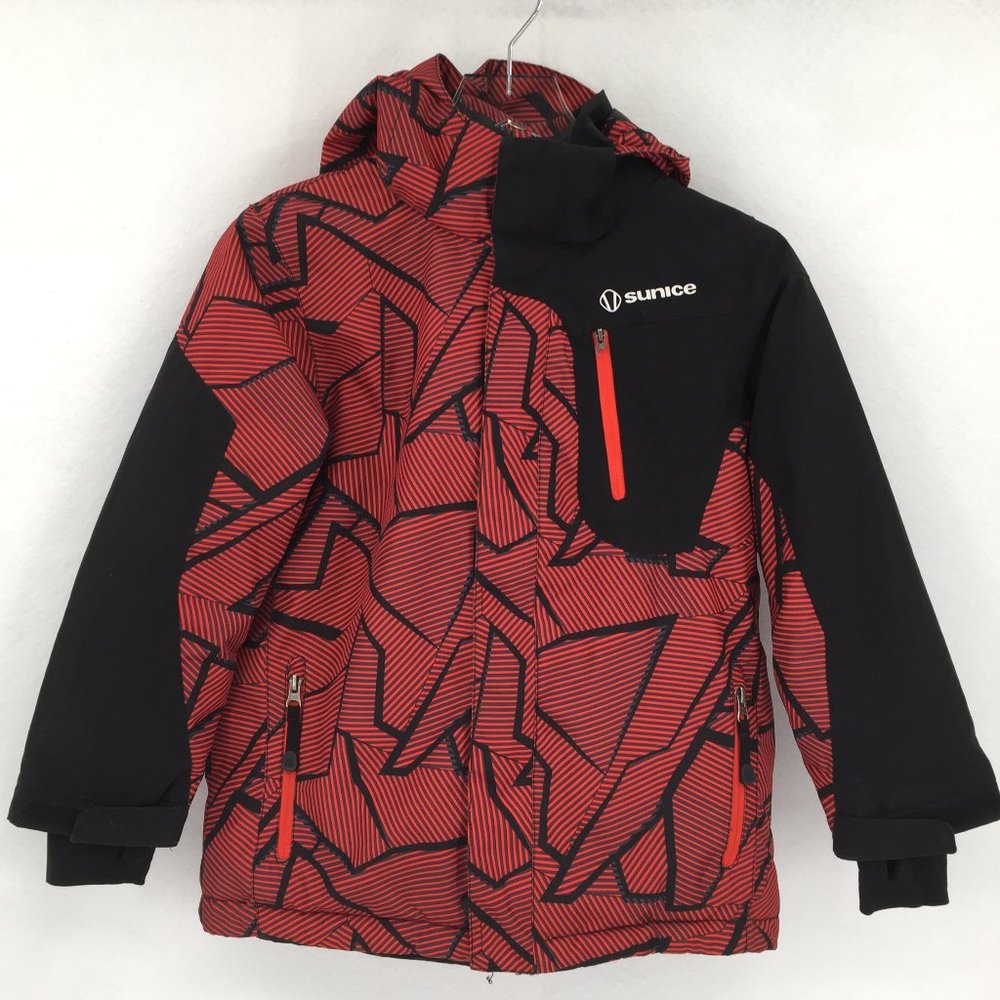 Sunice red black ski jacket coat hood women 8, runs small! Fits like a S.